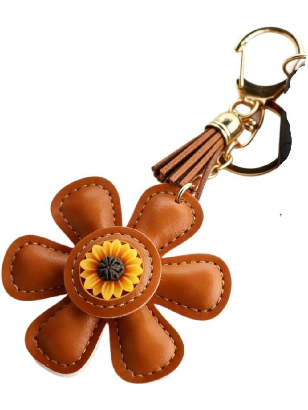 Leather Sunflower Keychain with Tassel | Cowhide Flower Bag Charm & Car Pendant
